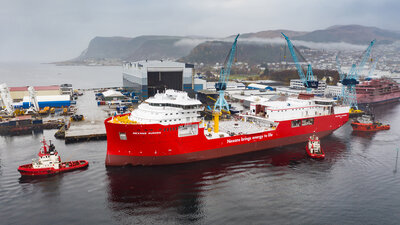 Nexans Aurora having been launched from the dock hall at Ulstein Verft. (Fotograf Hagen)